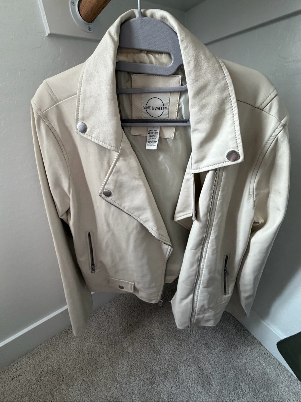 Vine & Valley Ivory Cream Faux Leather Moto Biker Jacket L - Picture 2 of 4